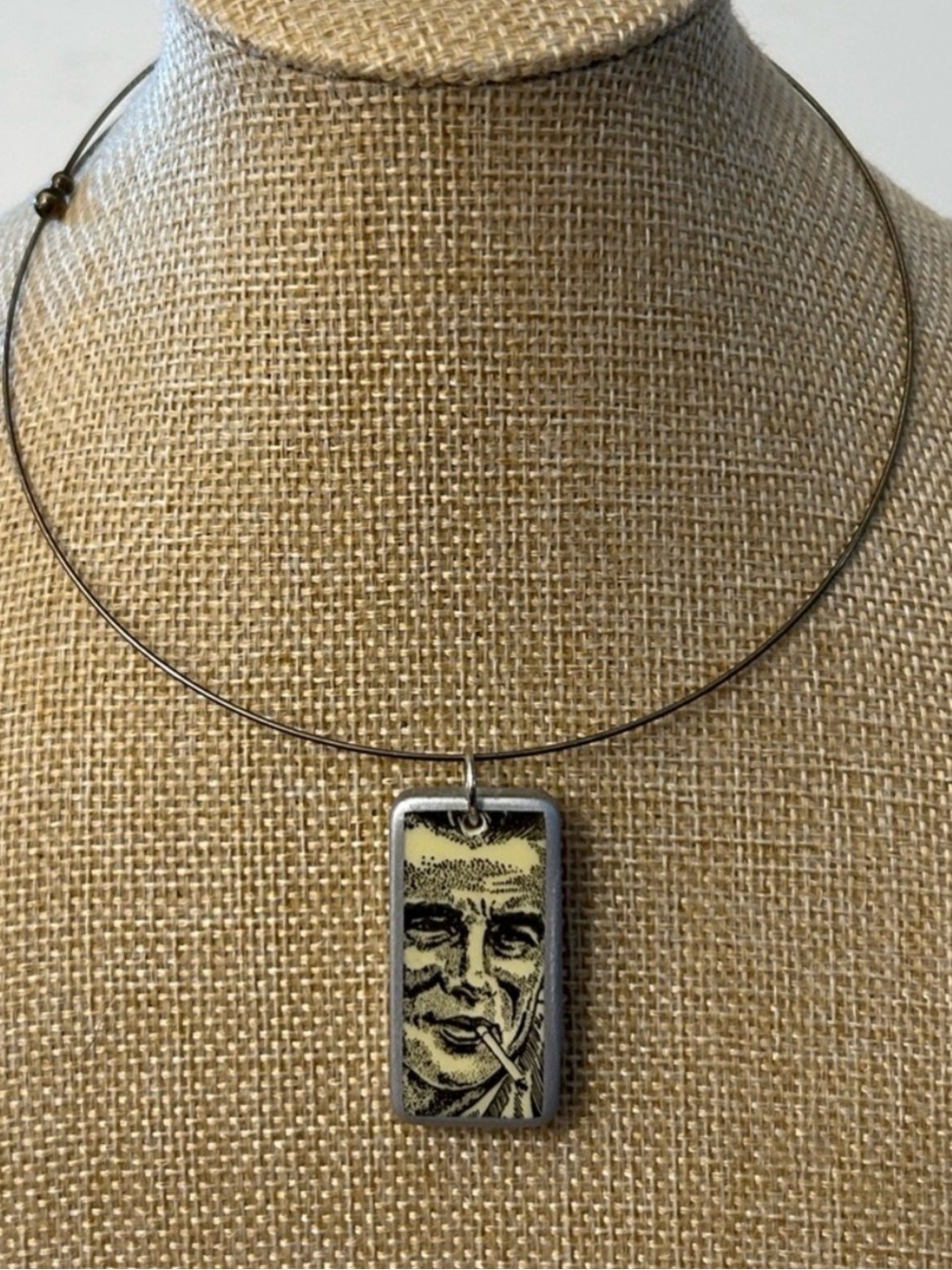 Rectangular domino Portrait Pendant Necklace in Silver and Cream handmade
